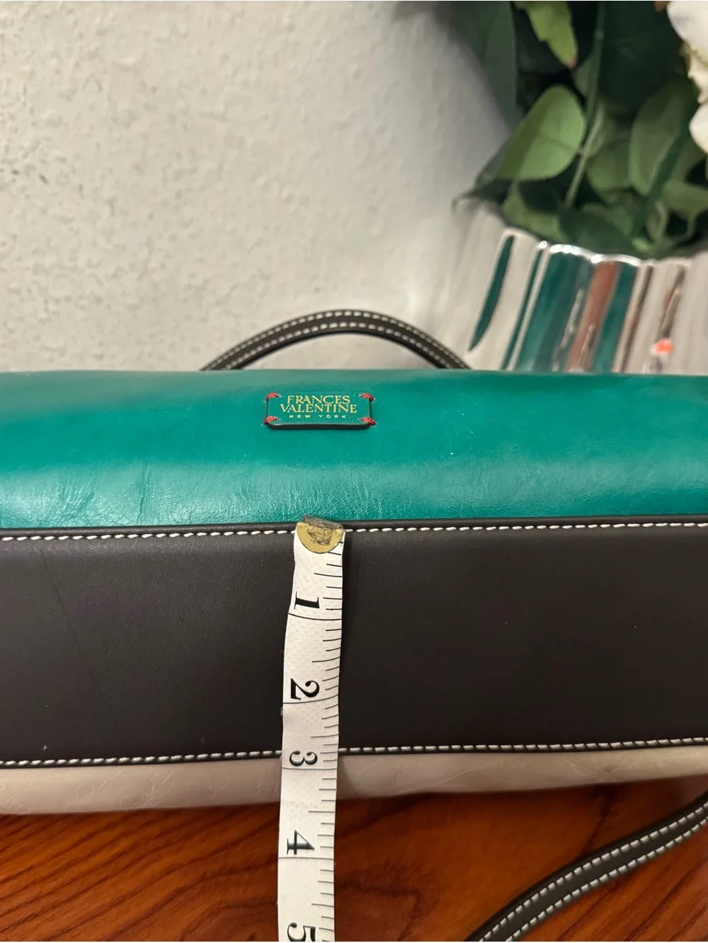 Frances Valentine Teal Leather Frame-Top Shoulder Bag with Black Strap